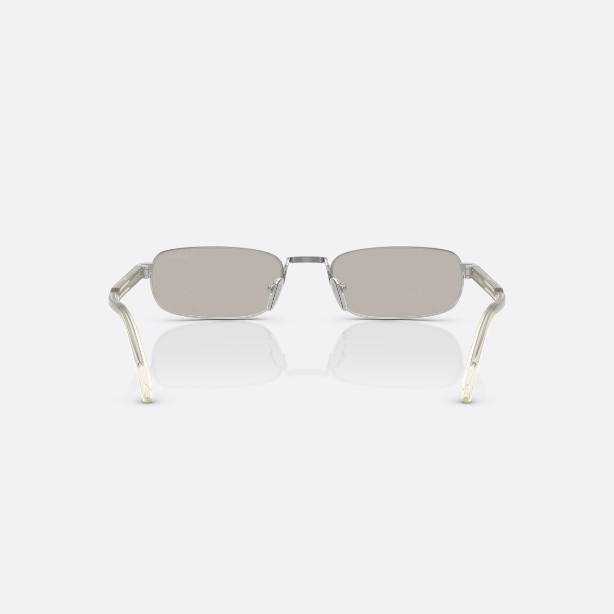 Prada PR B54S 1BC30P sunglasses, silver rectangle frame for men, plain metal bridge, brand lettering on the temples, back view