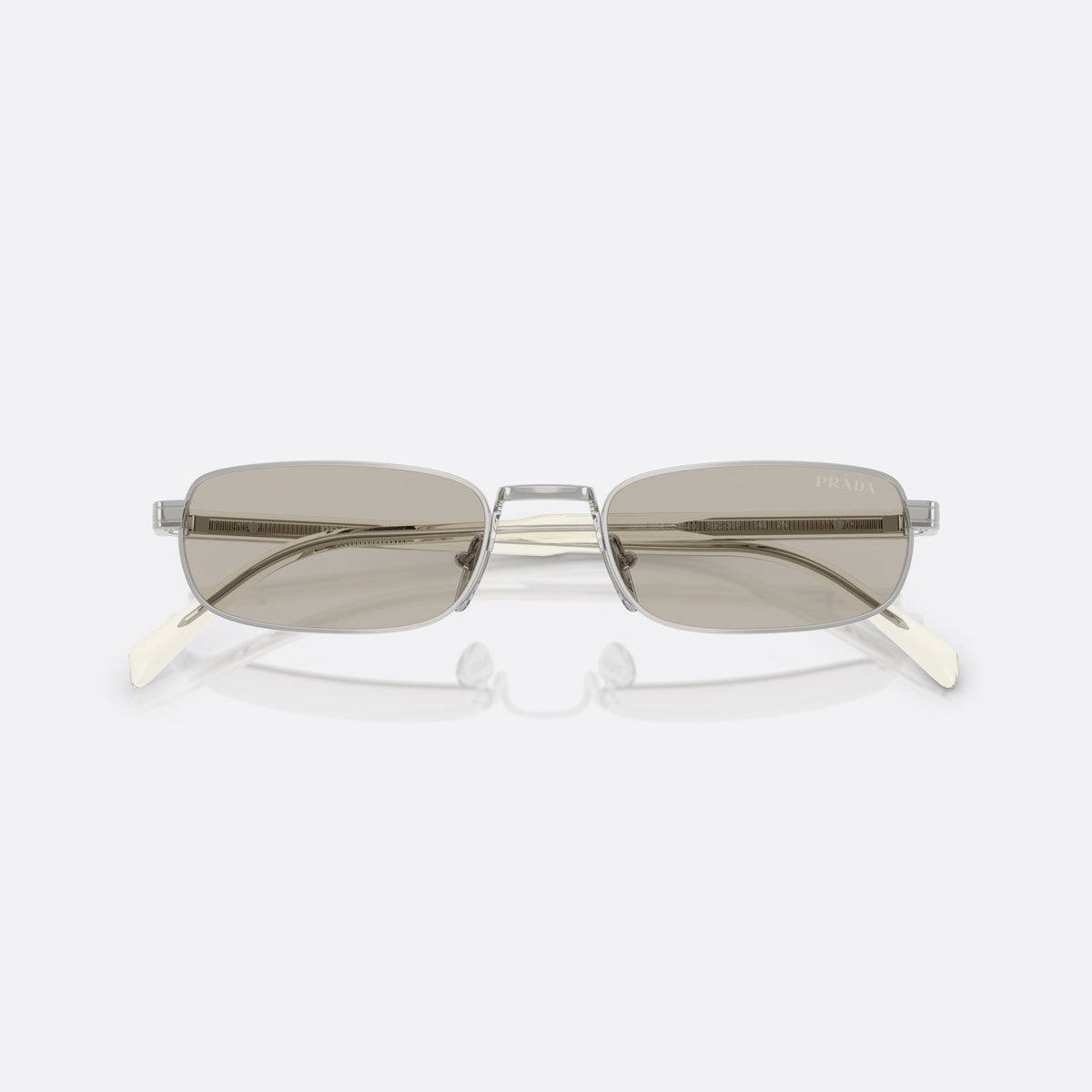 Prada PR B54S 1BC30P sunglasses, silver rectangle frame for men, plain metal bridge, brand lettering on the temples, folded
