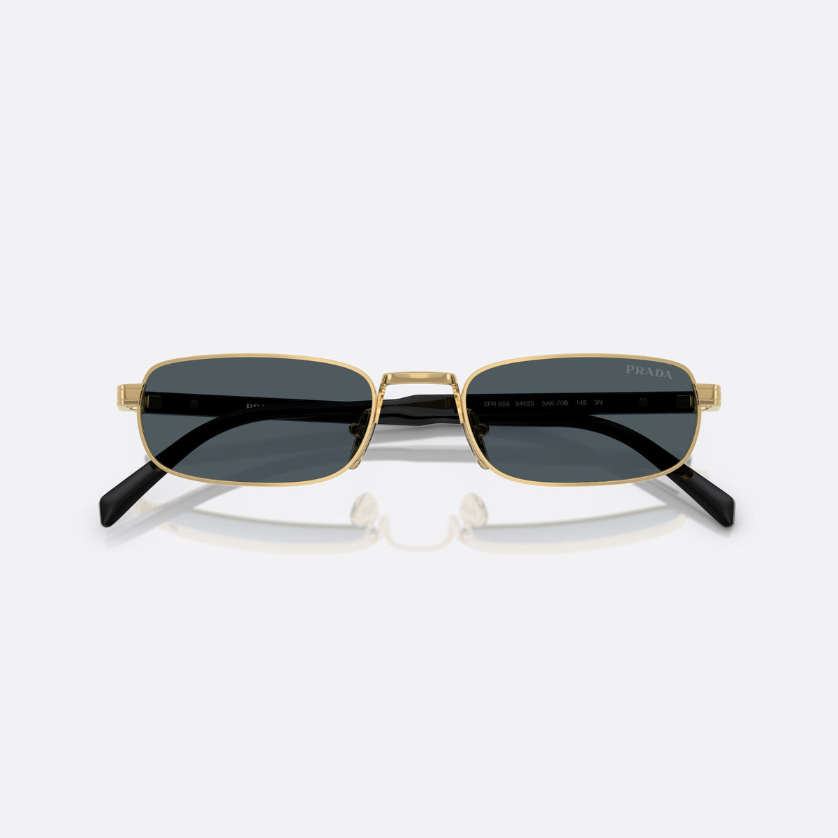 Prada PR B54S 5AK70B sunglasses, gold rectangle frame for men, plain metal bridge, brand lettering on temples, folded