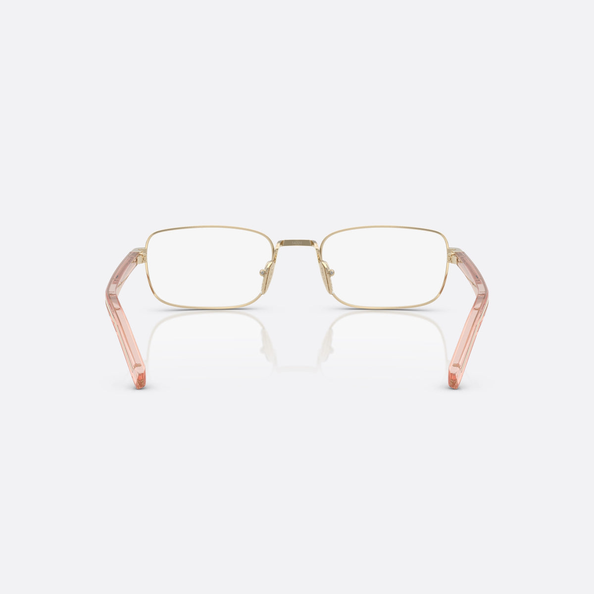 Prada PR B54V ACX1O1 eyeglasses, gold visor frame for women, plain metal bridge, brand lettering on temples, back view