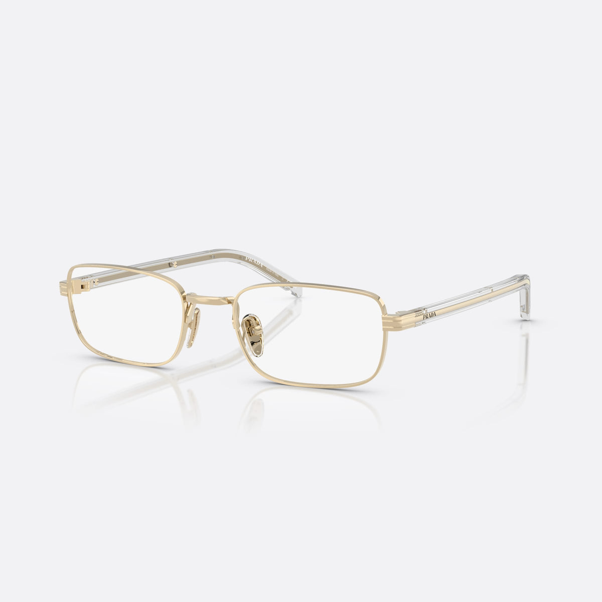 Prada PR B54V ZVN1O1 eyeglasses, gold visor frame for women, plain metal bridge, brand lettering on the temples