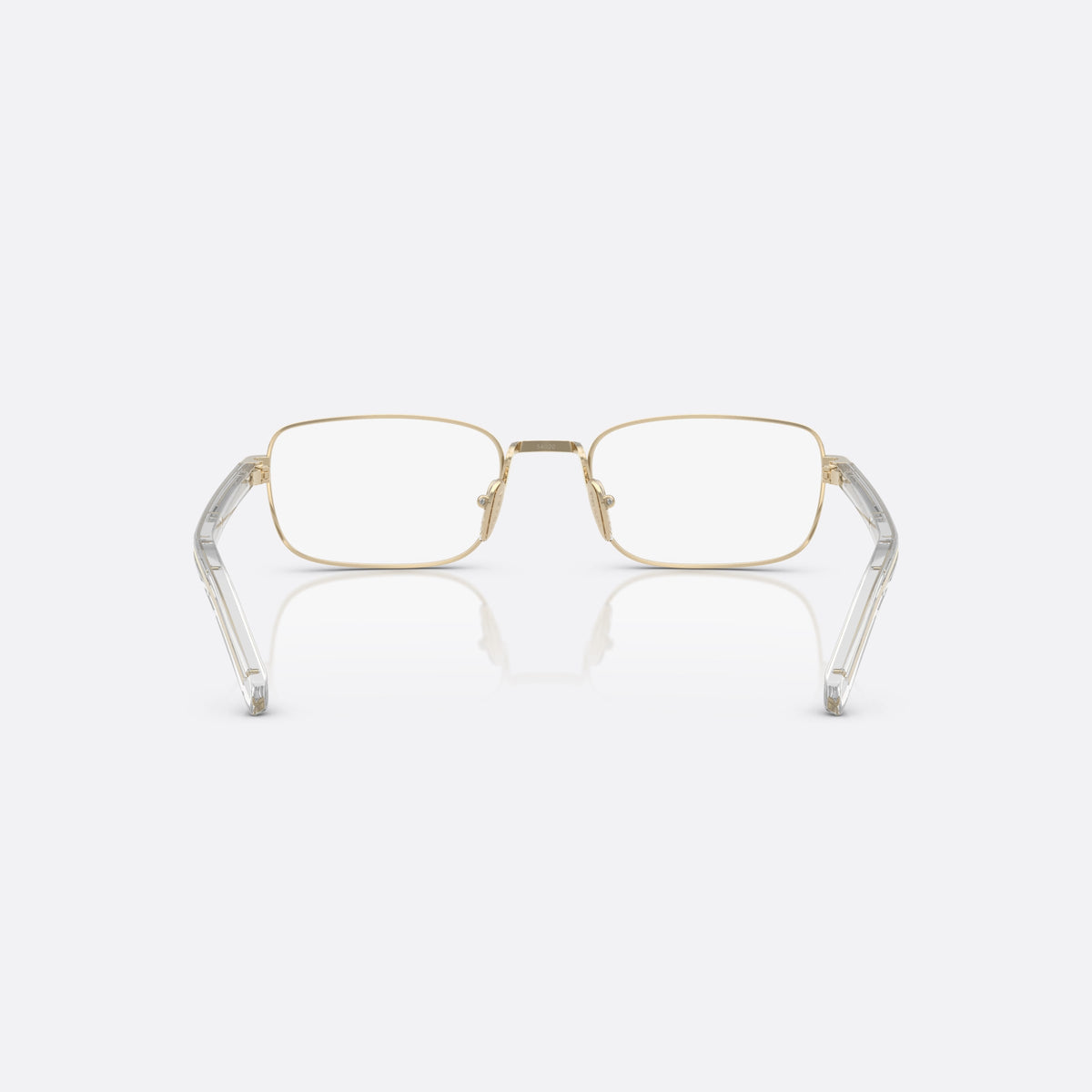 Prada PR B54V ZVN1O1 eyeglasses, gold visor frame for women, plain metal bridge, brand lettering on the temples, back view