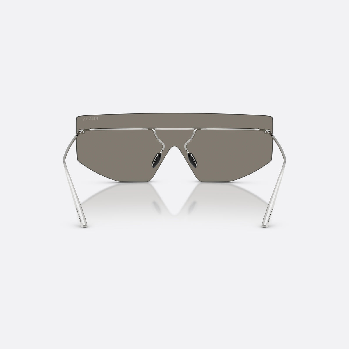 Prada PR B55S 1BC60N sunglasses, silver irregular frame for men, integrated metal bridge bar, slim tapered metal temples, back view