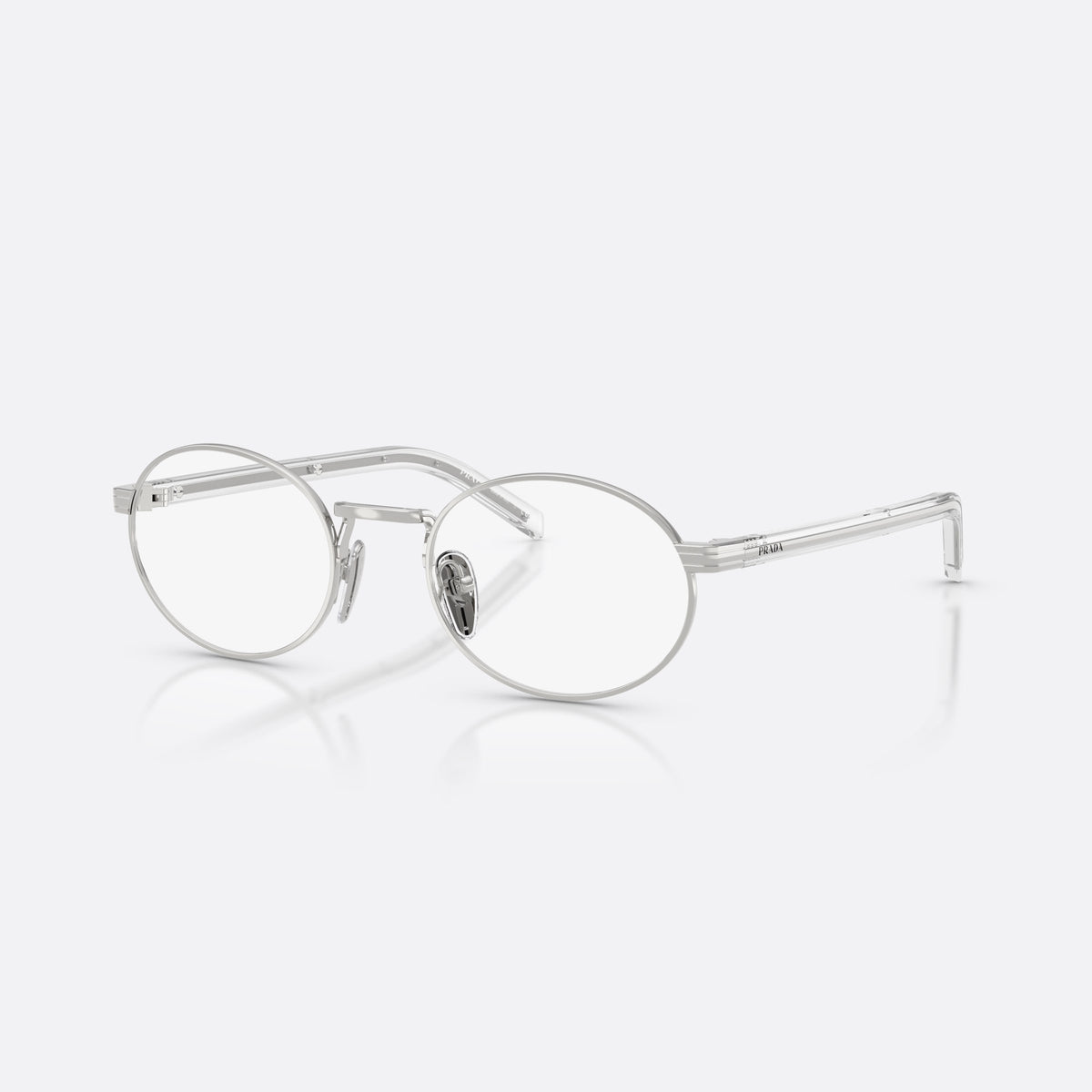 Rame ochelari de vedere Prada PR B55V 1BC1O1, ovali argintiu, pentru femei, punte metalică simplă, literele brandului pe braț