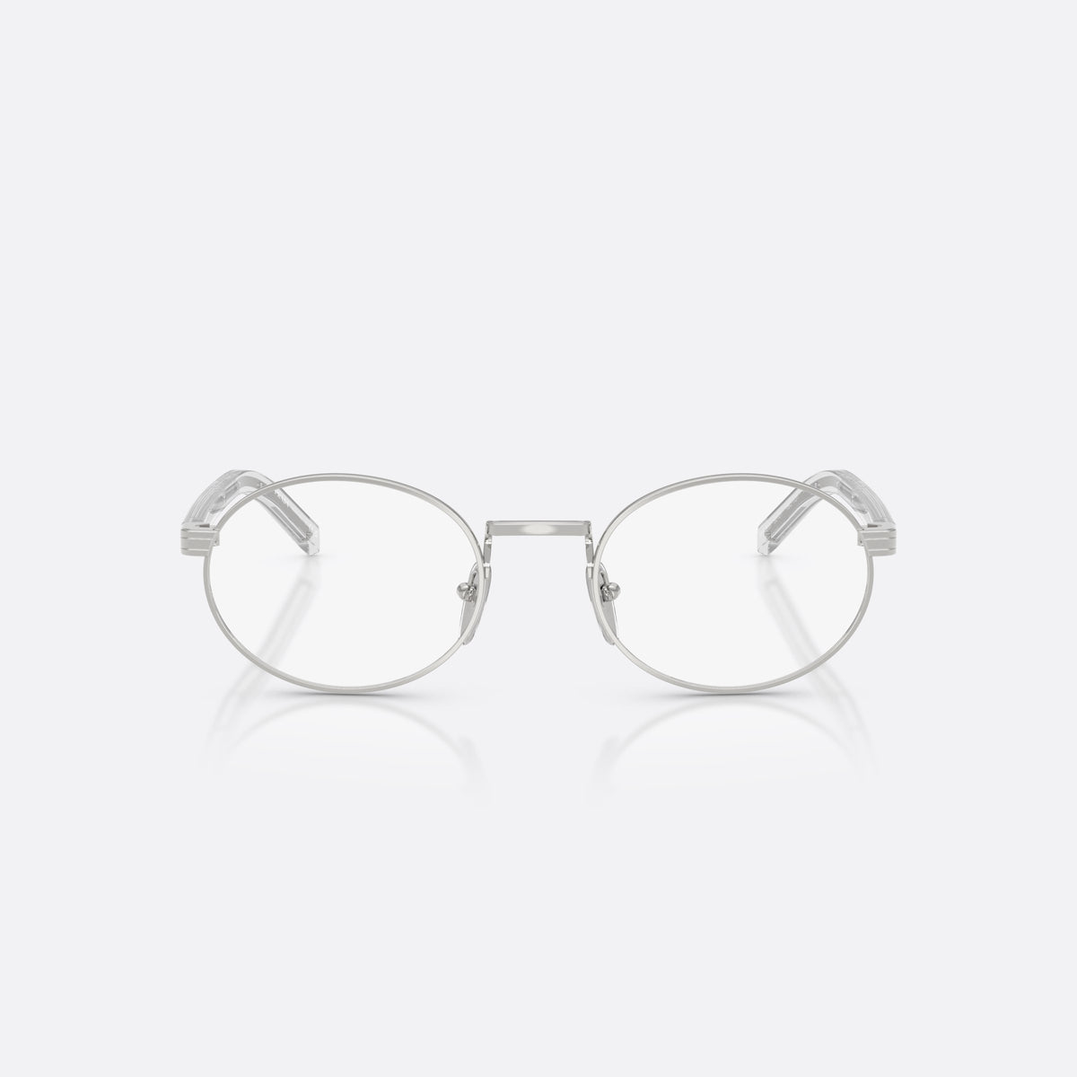 Rame ochelari de vedere Prada PR B55V 1BC1O1, ovali argintiu, pentru femei, punte metalică simplă, literele brandului pe braț, vedere din față