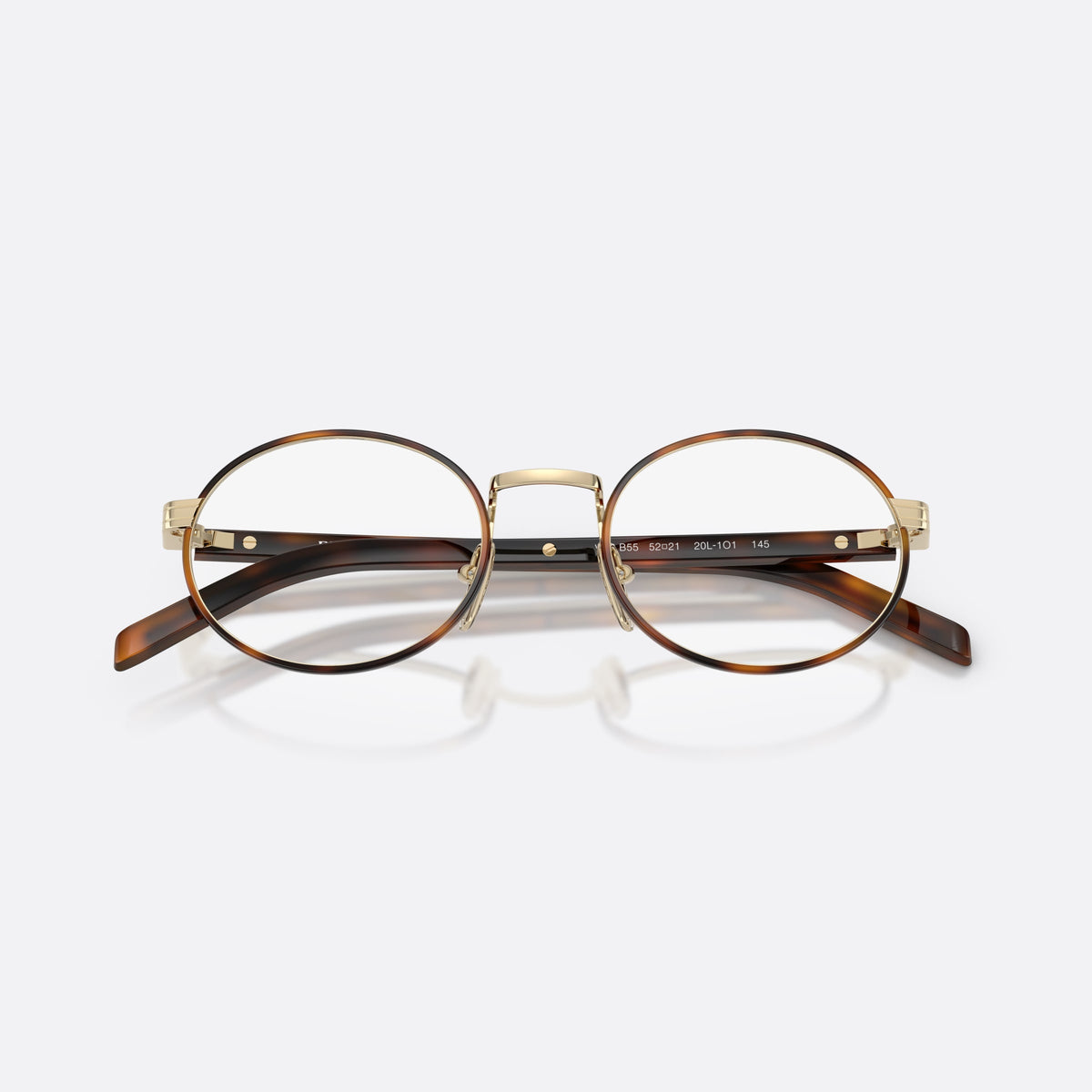Prada PR B55V 20L1O1 eyeglasses, havana oval frame for women, plain metal bridge, brand lettering on temples, folded