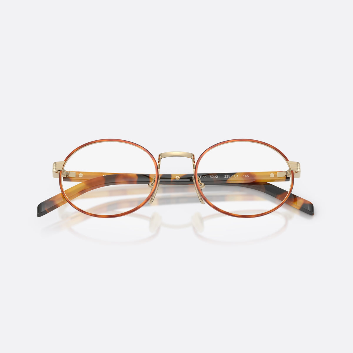 Prada PR B55V 22E1O1 eyeglasses, havana oval frame for women, plain metal bridge, brand lettering on temples, folded