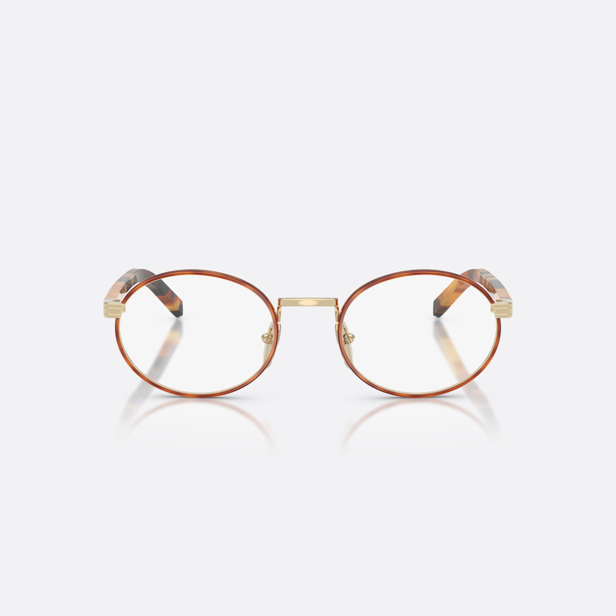 Prada PR B55V 22E1O1 eyeglasses, havana oval frame for women, plain metal bridge, brand lettering on temples, front view
