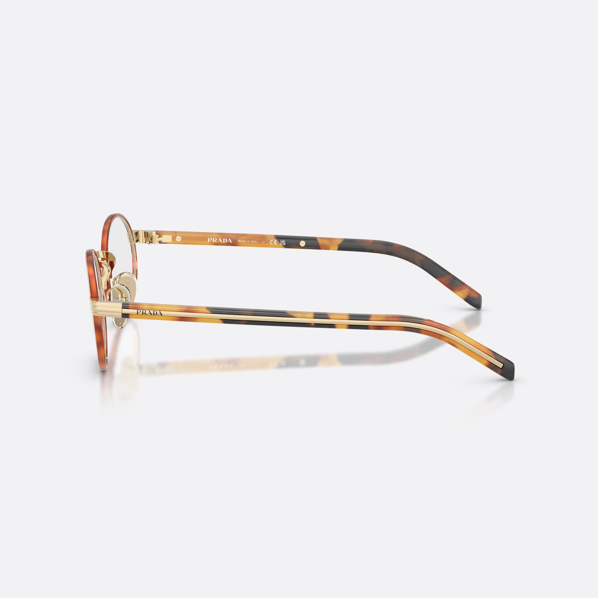 Prada PR B55V 22E1O1 eyeglasses, havana oval frame for women, plain metal bridge, brand lettering on temples, side view