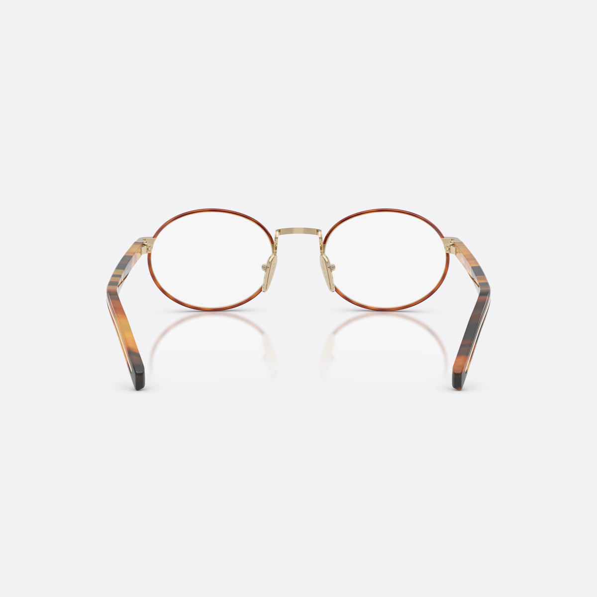 Prada PR B55V 22E1O1 eyeglasses, havana oval frame for women, plain metal bridge, brand lettering on temples, back view