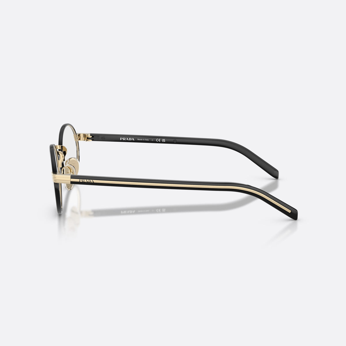 Rame ochelari de vedere Prada PR B55V AAV1O1, ovali auriu, pentru femei, punte metalică simplă, literele brandului pe brațe, vedere laterală