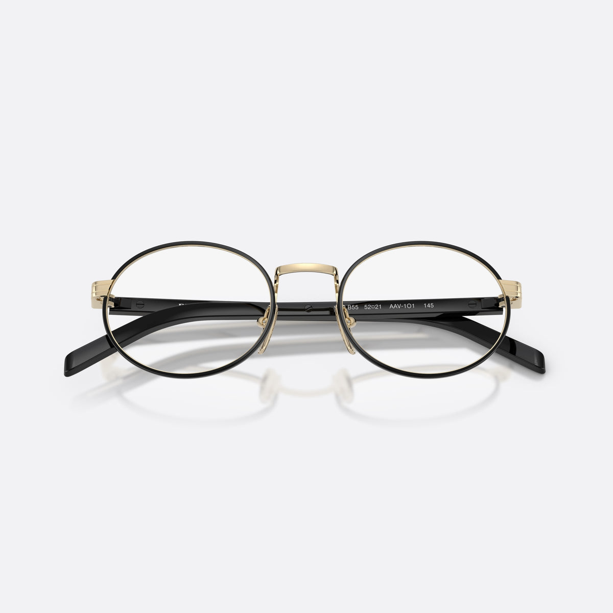 Rame ochelari de vedere Prada PR B55V AAV1O1, ovali auriu, pentru femei, punte metalică simplă, literele brandului pe brațe, cu brațele pliate