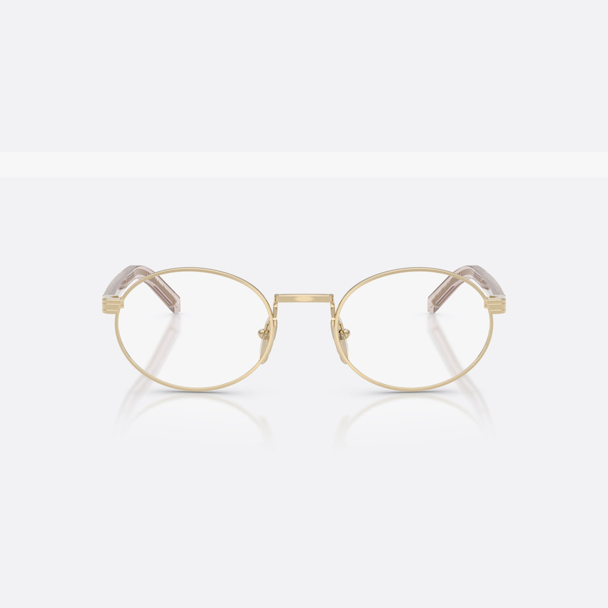 Prada PR B55V ZVN1O1 eyeglasses, gold oval frame for women, plain metal bridge, brand lettering on temples, front view