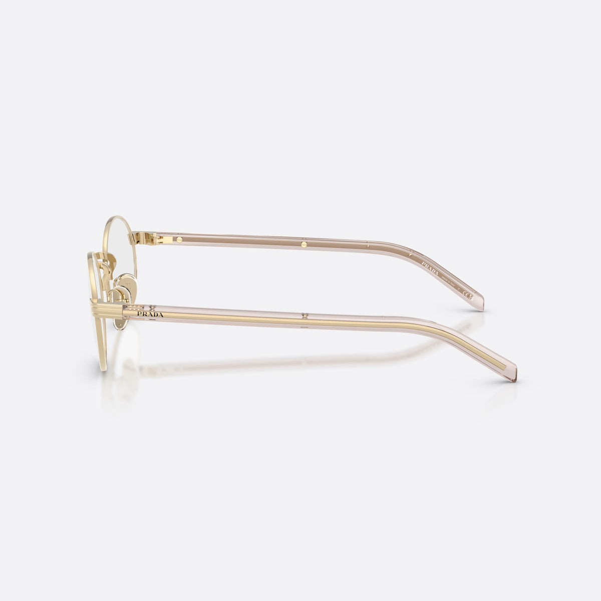 Prada PR B55V ZVN1O1 eyeglasses, gold oval frame for women, plain metal bridge, brand lettering on temples, side view