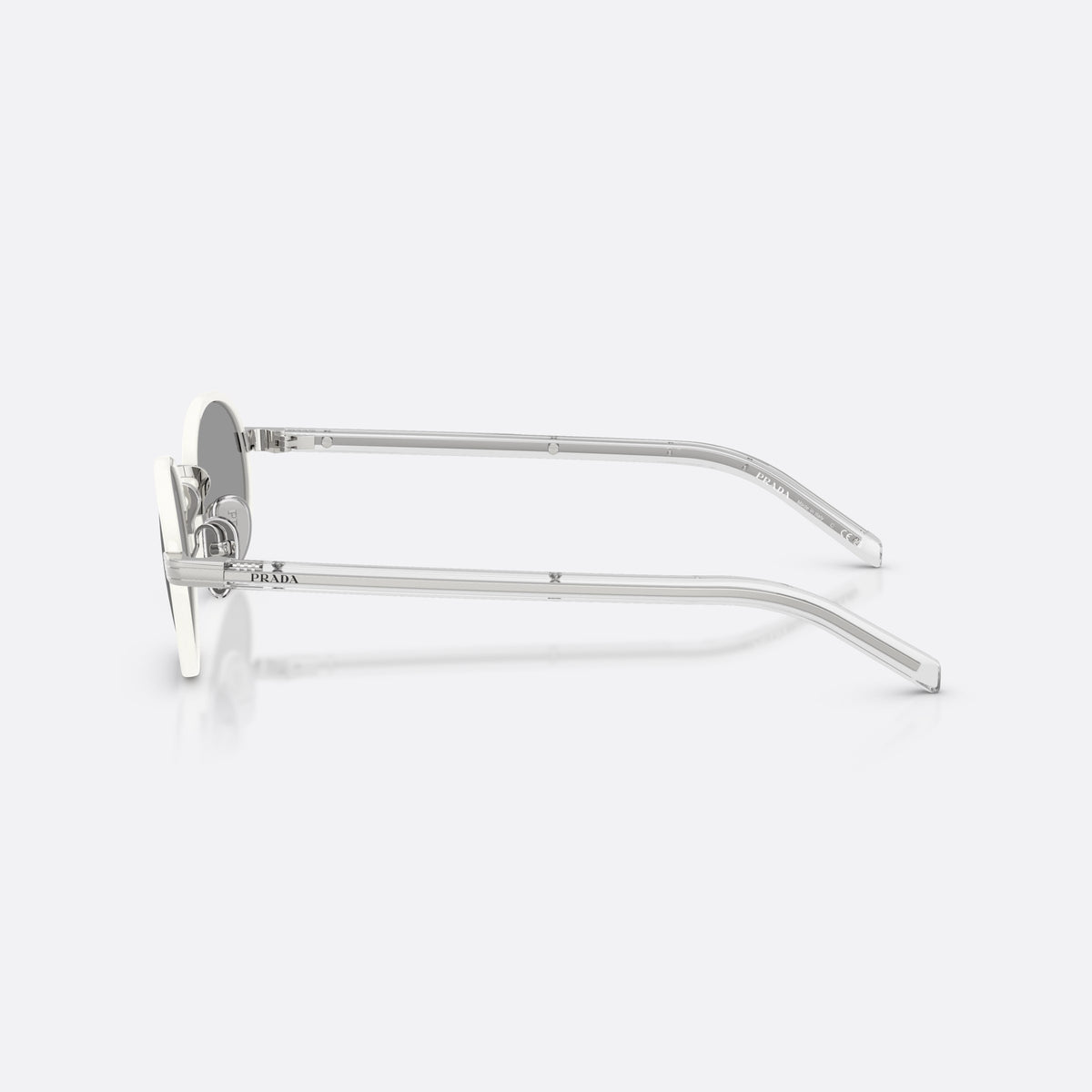 Ochelari de soare Prada PR B56S 23E50Q, ovali alb, pentru femei, punte metalică simplă, literele brandului pe brațe, vedere laterală