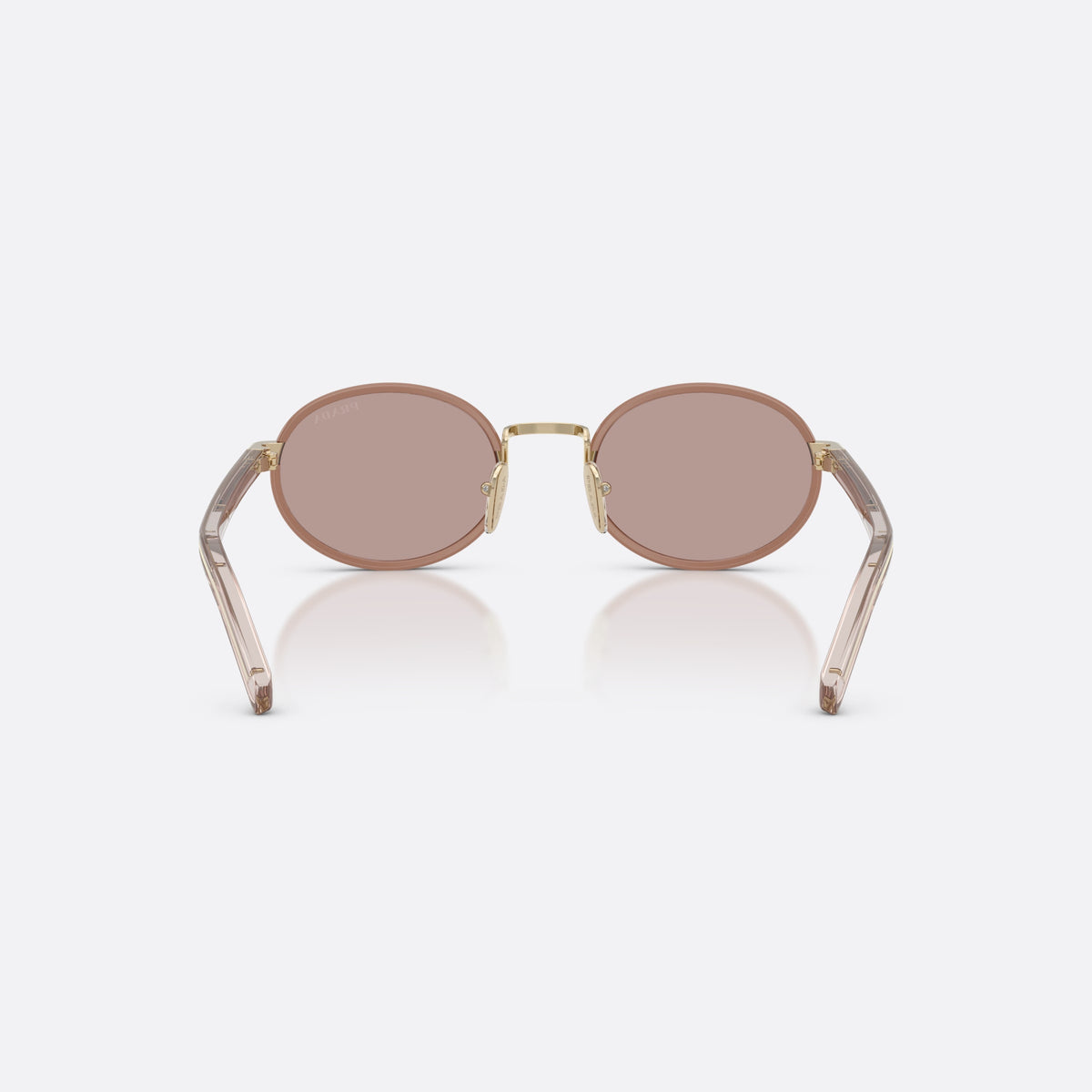 Prada PR B56S 24E20I sunglasses, brown oval frame for women, plain metal bridge, brand lettering on temples, back view