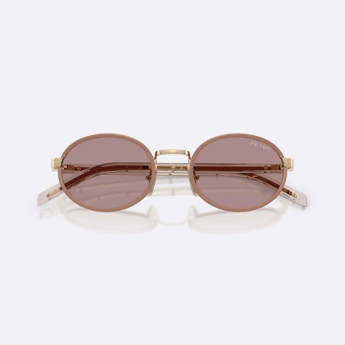 Prada PR B56S 24E20I sunglasses, brown oval frame for women, plain metal bridge, brand lettering on temples, folded