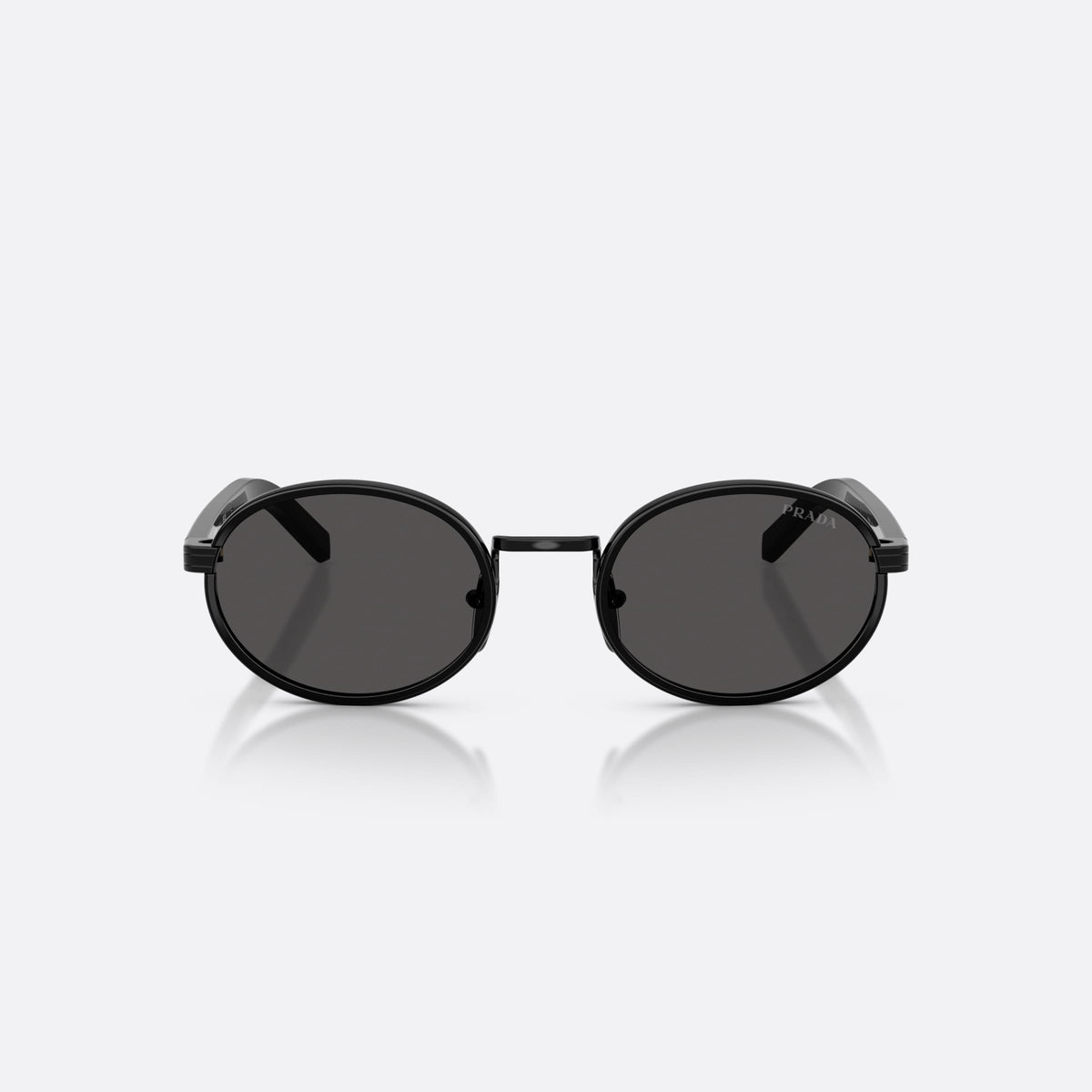 Prada PR B56S AAV08Z sunglasses, black oval frame for women, plain metal bridge, brand lettering on temples, front view