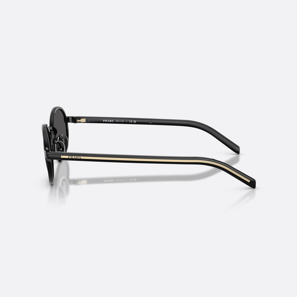 Prada PR B56S AAV08Z sunglasses, black oval frame for women, plain metal bridge, brand lettering on temples, side view