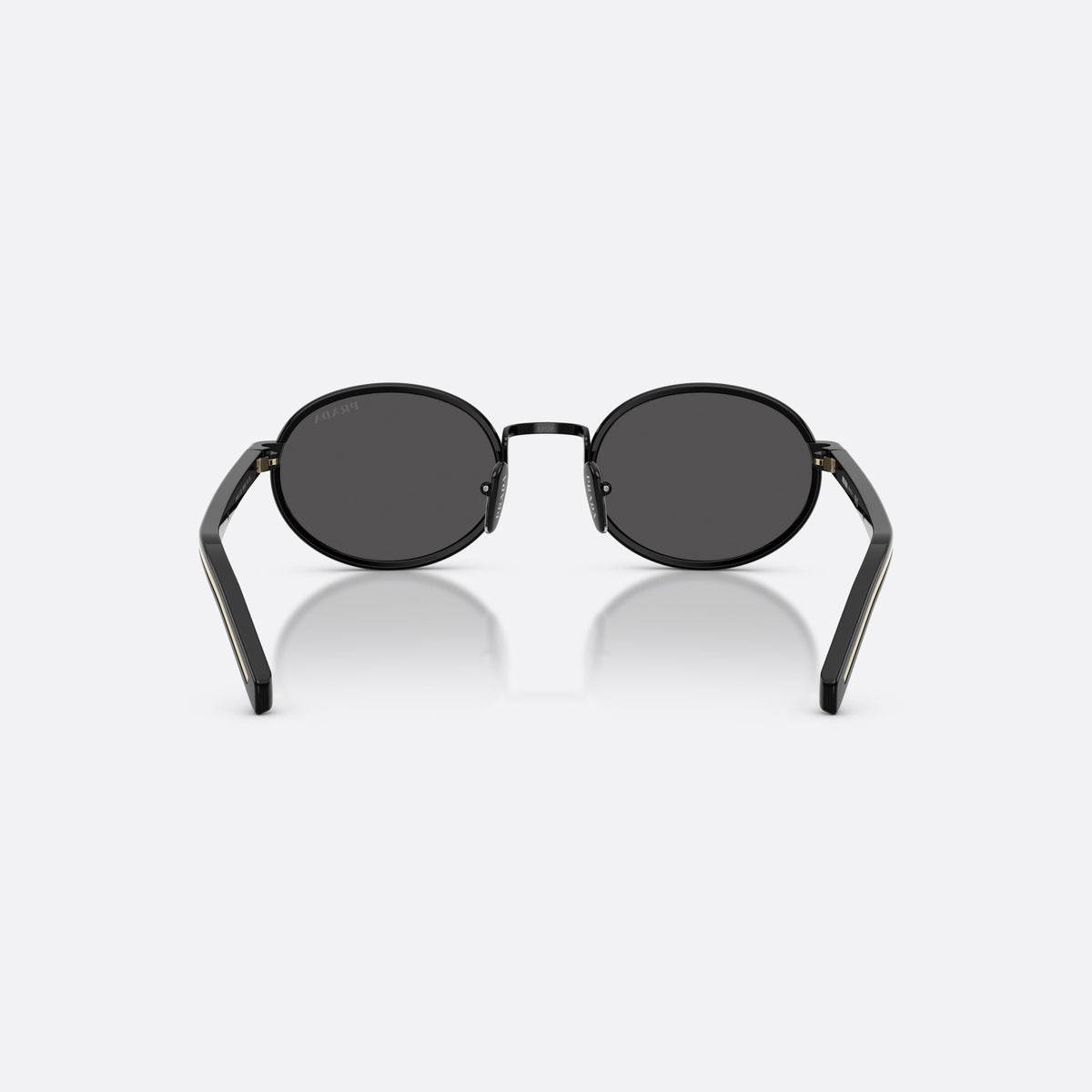 Prada PR B56S AAV08Z sunglasses, black oval frame for women, plain metal bridge, brand lettering on temples, back view