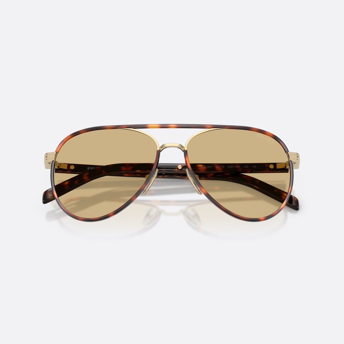 Prada PR B57S 21E10R sunglasses, gold pilot frame for women, double bridge with metal top bar, folded