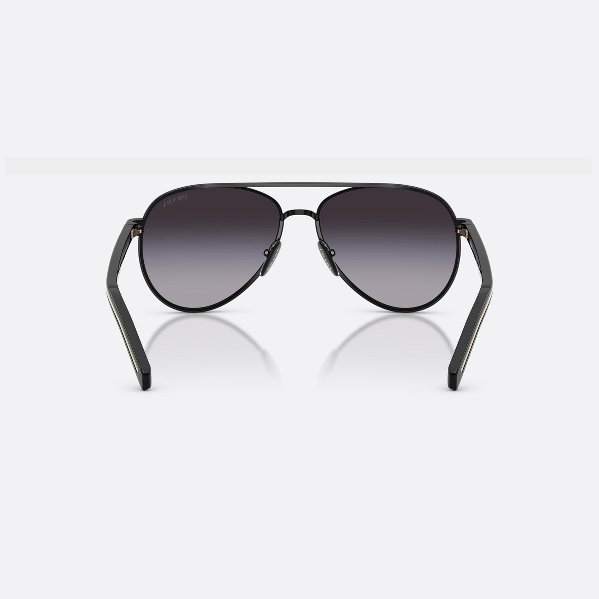 Prada PR B57S AAV90A sunglasses, black pilot frame for women, double bridge with top bar, brand lettering on temples, back view