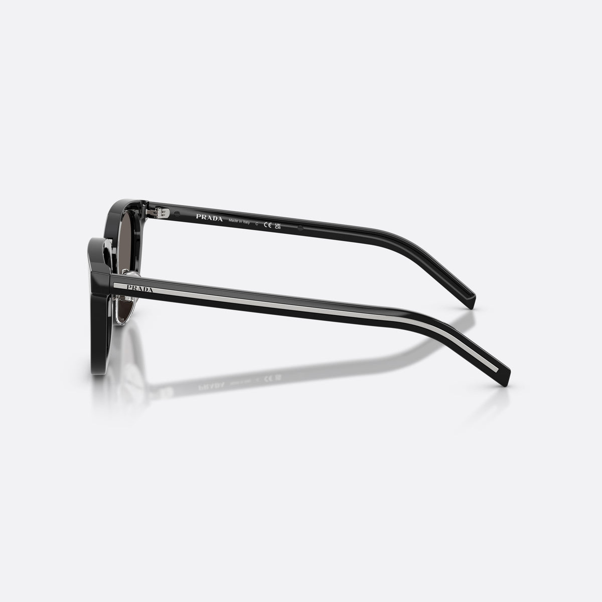 Prada PR C01SD 16K731 sunglasses, black cat eye frame for men, brand lettering on lens rim, full-rim frame, side view