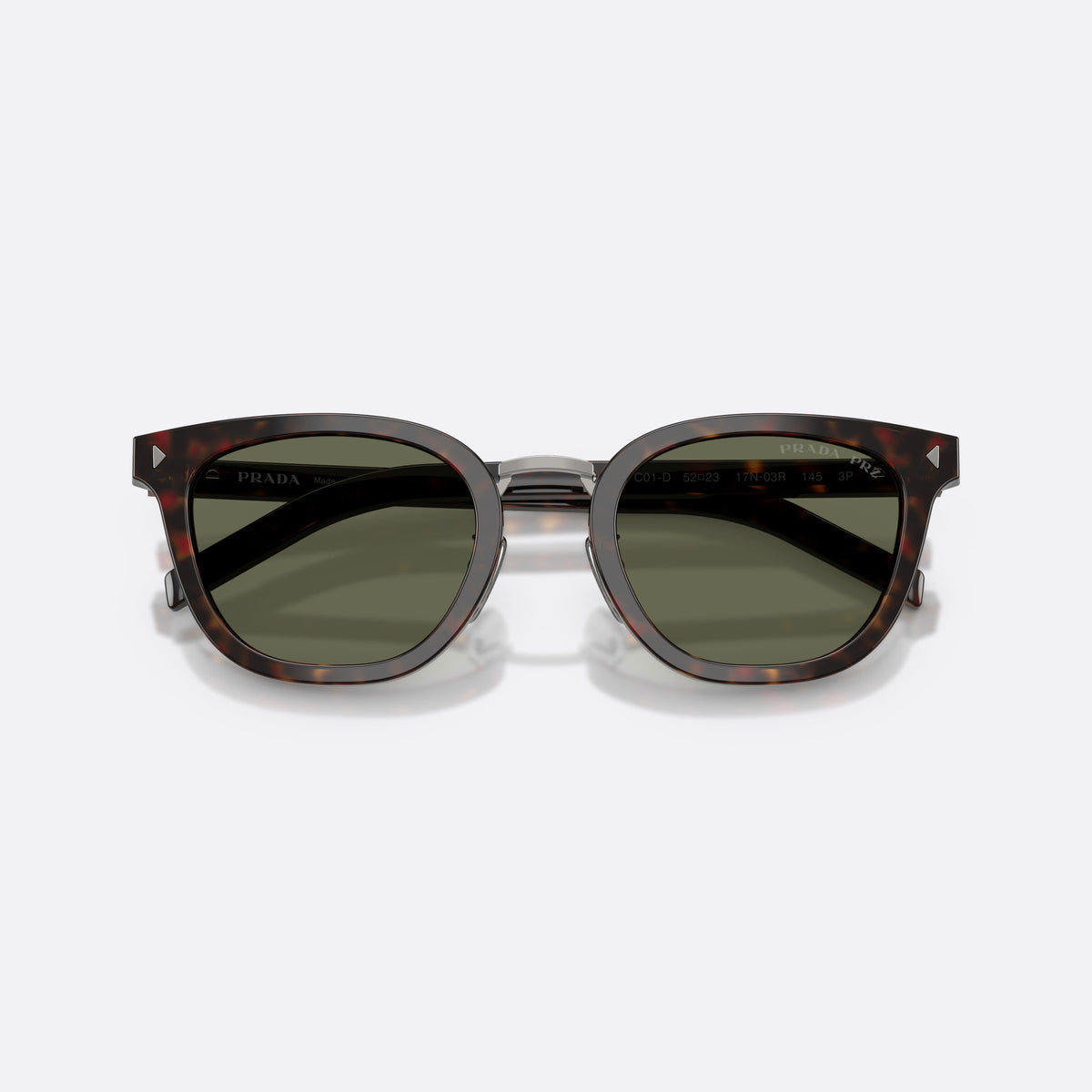 Prada PR C01SD 17N03R sunglasses, havana cat eye frame for men, brand logo on front corners, brand lettering on temples, folded