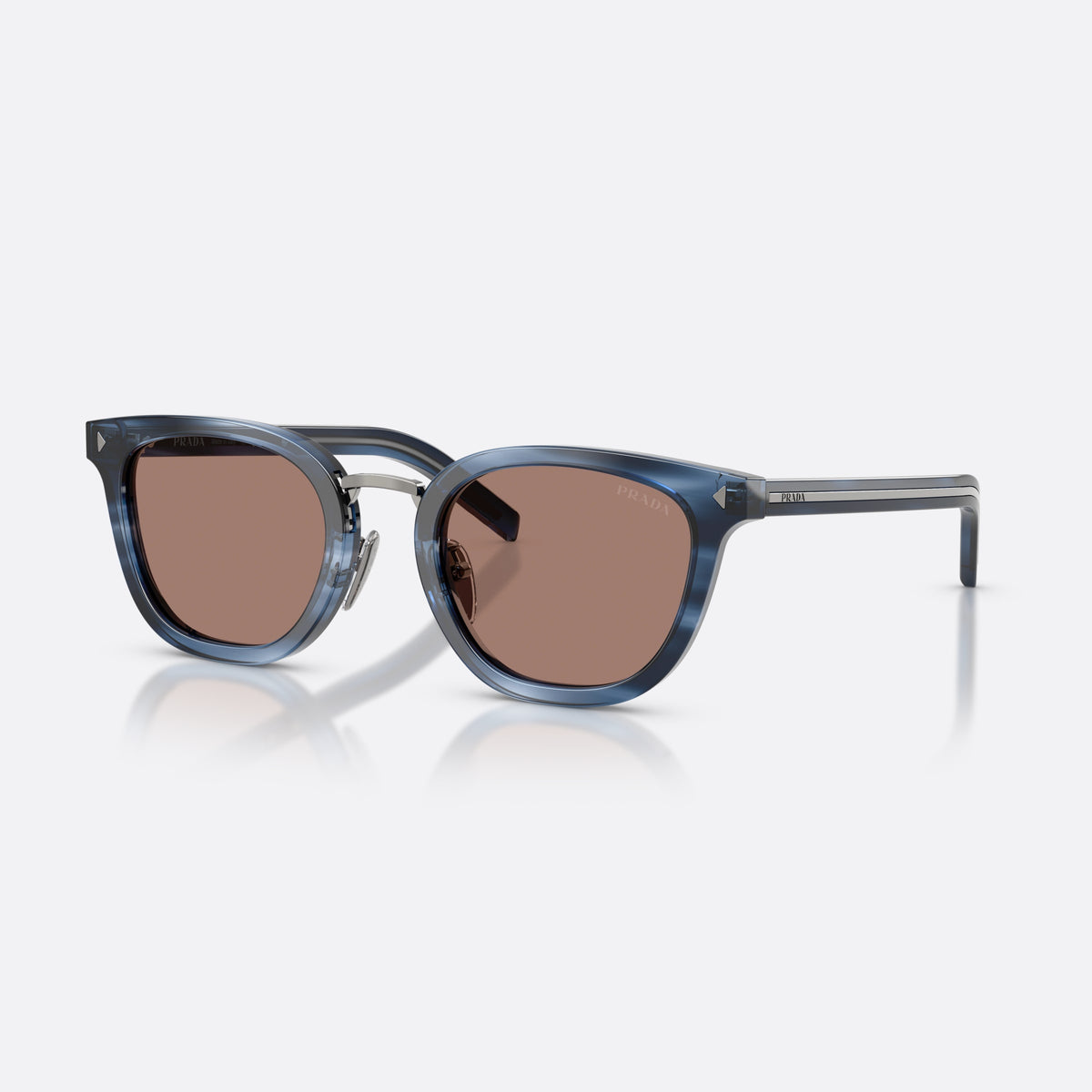 Prada PR C01SD 26F05D sunglasses, blue cat eye frame for men, brand lettering on temples, slim temples with tapered ends