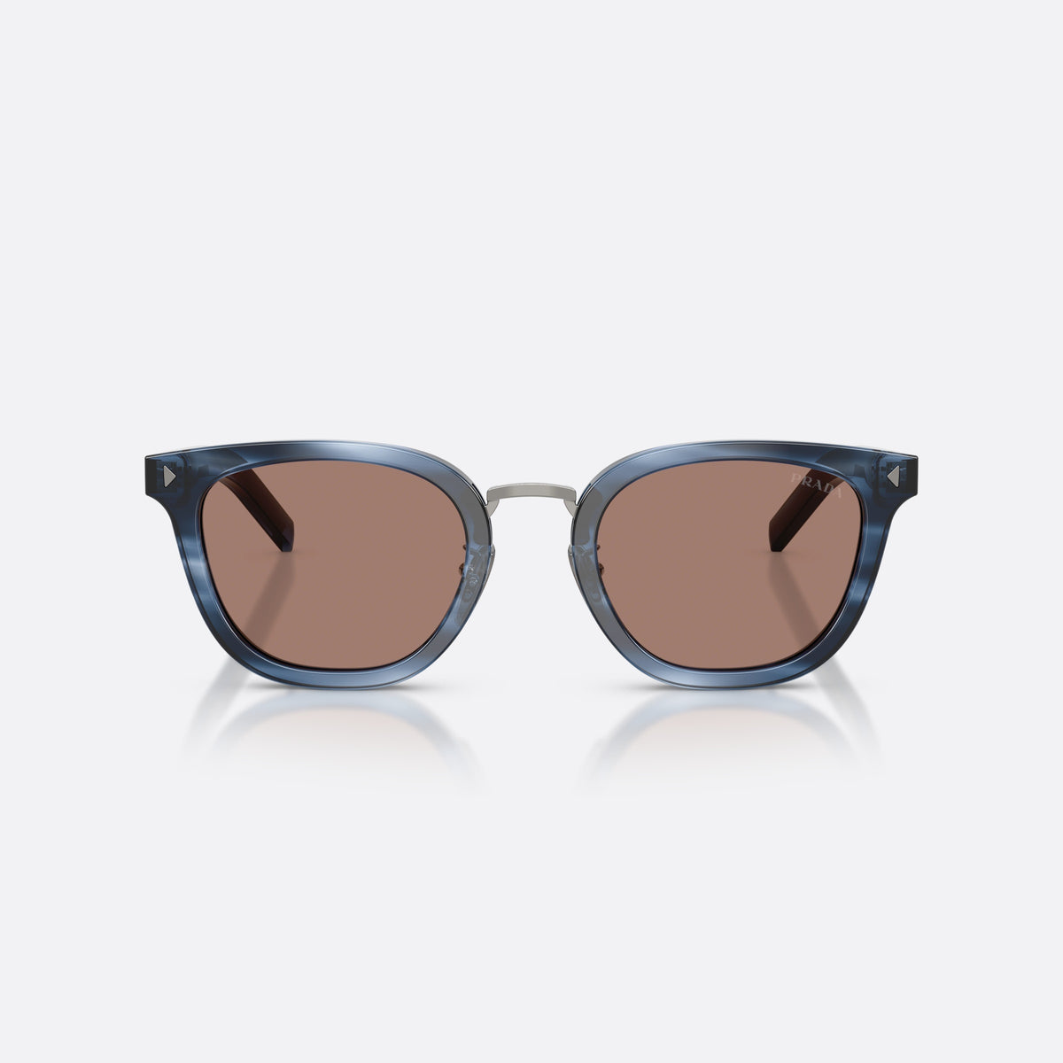 Prada PR C01SD 26F05D sunglasses, blue cat eye frame for men, brand logo on lens, flat temples with slim profile, front view