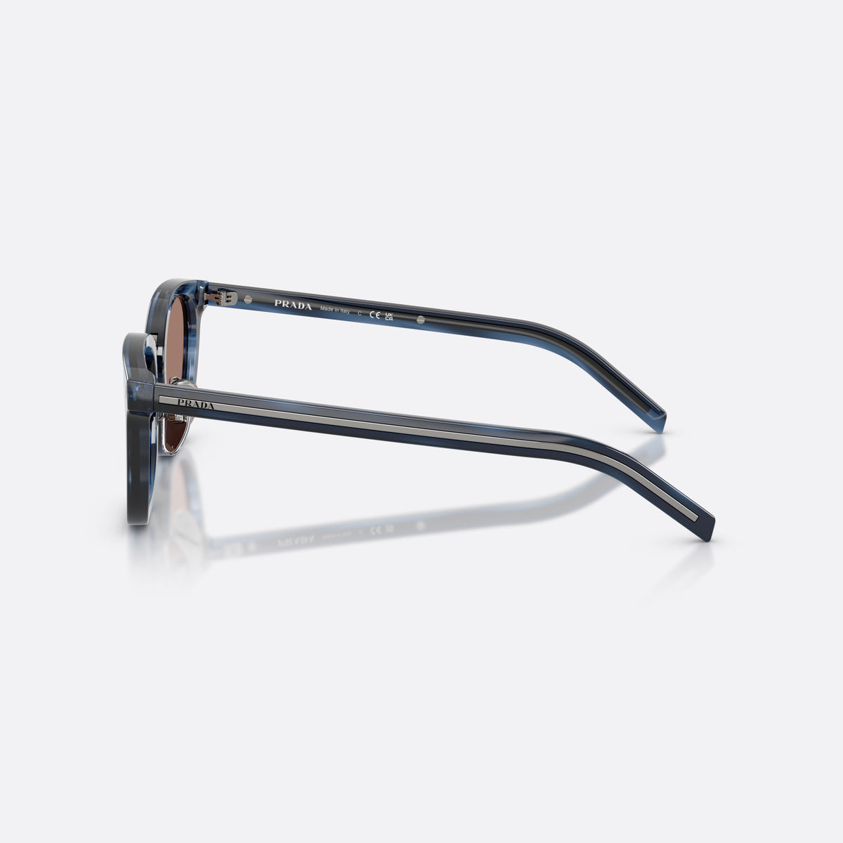 Prada PR C01SD 26F05D sunglasses, blue cat eye frame for men, brand logo on lens, flat temples with slim profile, side view