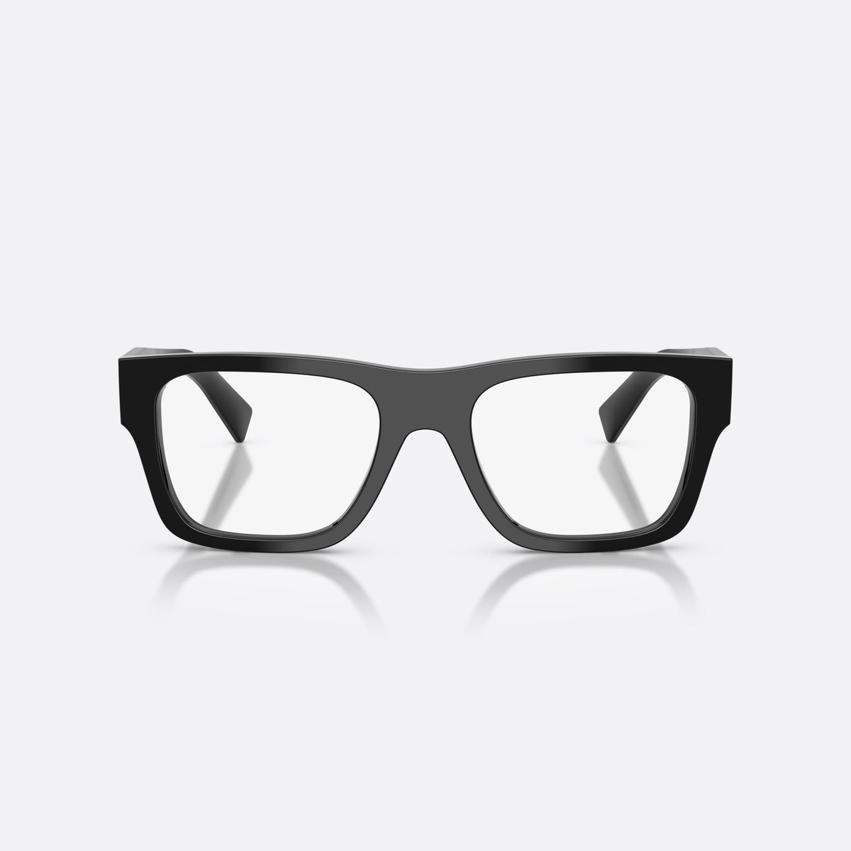 Prada PR C01V 16K1O1 eyeglasses, black pillow frame for men, plain saddle bridge, brand lettering on temples, front view