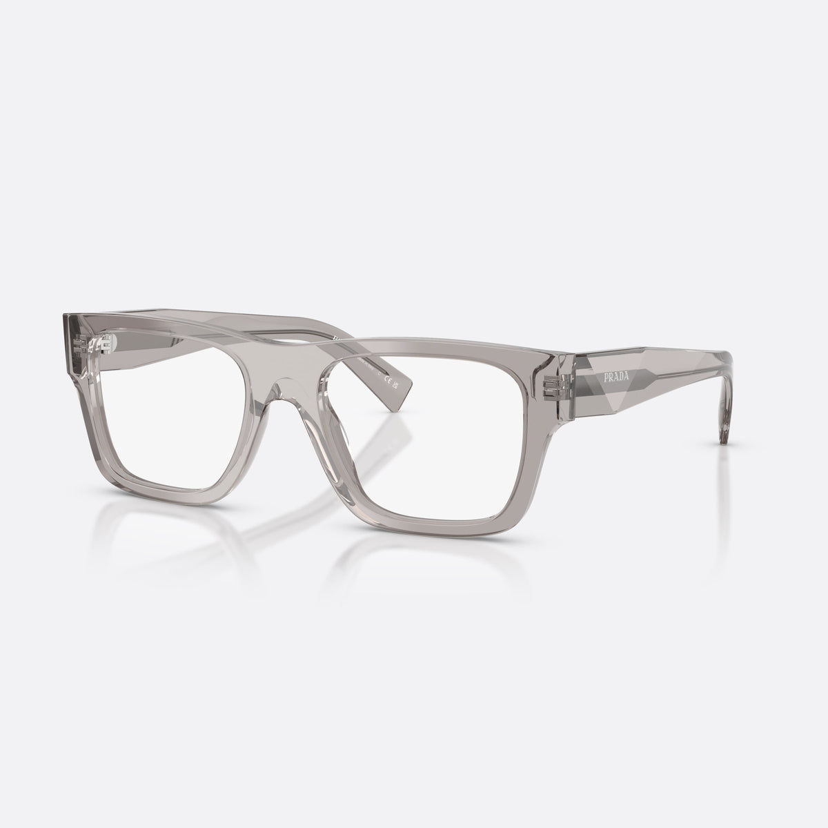 Prada PR C01V 18J1O1 eyeglasses, grey pillow frame for men, plain bridge, brand lettering on temples, full rim