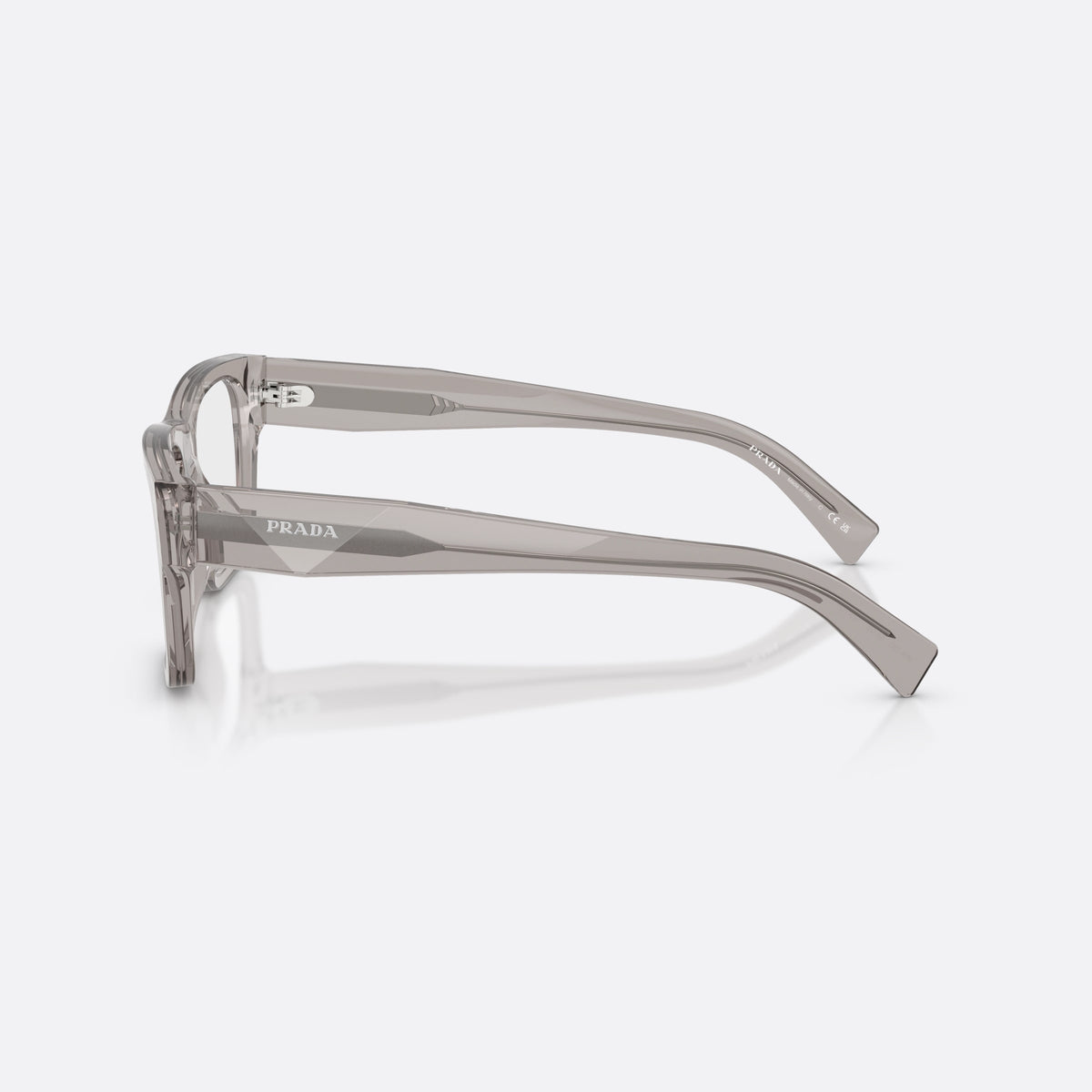 Prada PR C01V 18J1O1 eyeglasses, grey pillow frame for men, plain bridge, brand lettering on temples, full rim, side view