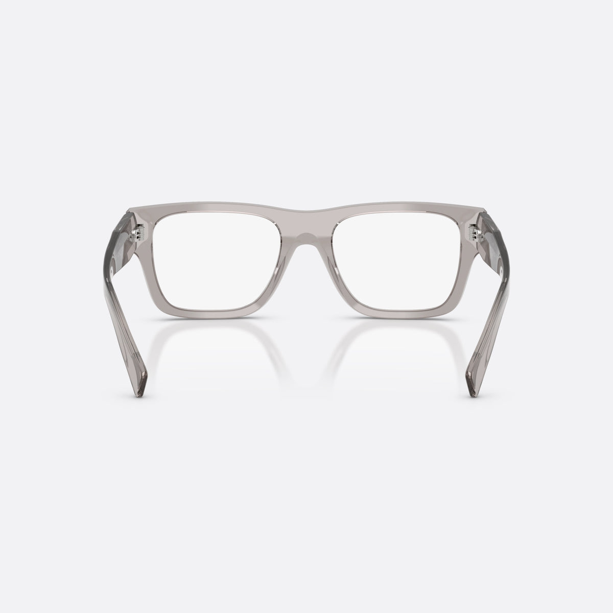 Prada PR C01V 18J1O1 eyeglasses, grey pillow frame for men, plain bridge, brand lettering on temples, full rim, back view