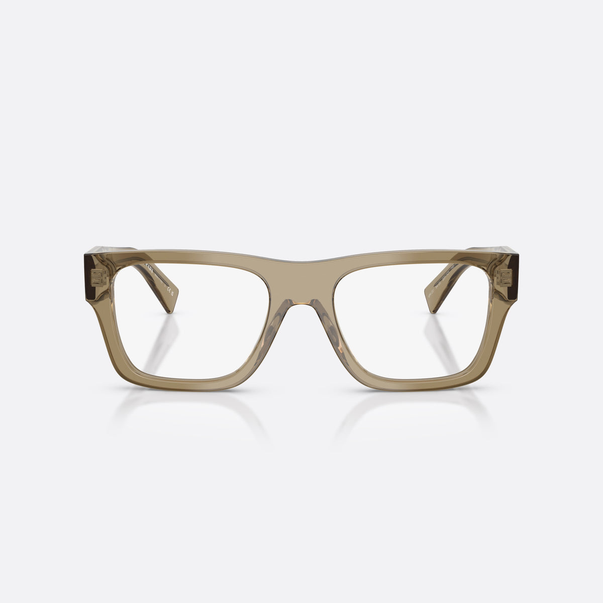 Prada PR C01V 22H1O1 eyeglasses, brown pillow frame for men, plain bridge, integrated into front, tapered temple tips, front view