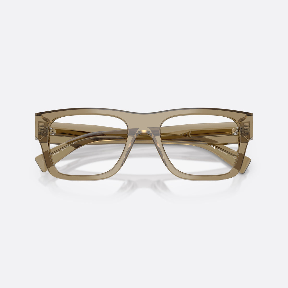 Prada PR C01V 22H1O1 eyeglasses, brown pillow frame for men, plain bridge, integrated into front, tapered temple tips, folded