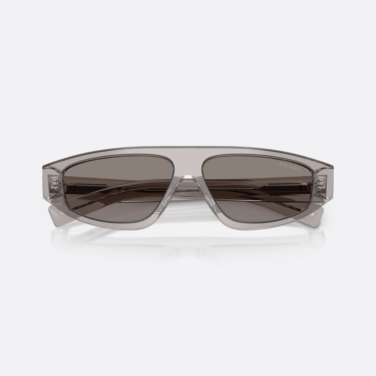 Prada PR C02S 10J80Q sunglasses, grey irregular frame for men, plain integrated bridge, brand lettering on temples, folded