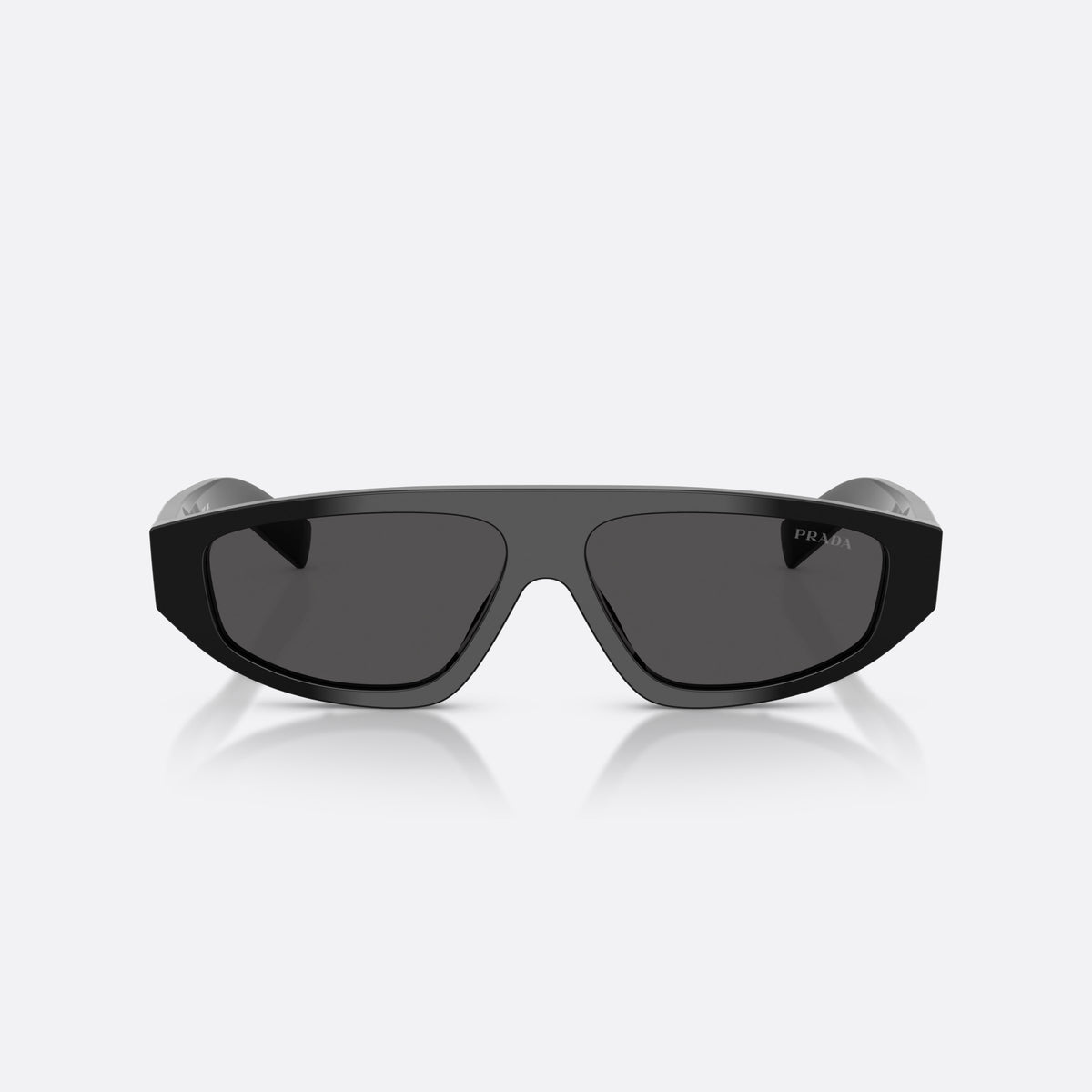 Prada PR C02S 16K08Z sunglasses, black irregular frame for men, plain integrated bridge, brand lettering on temples, front view