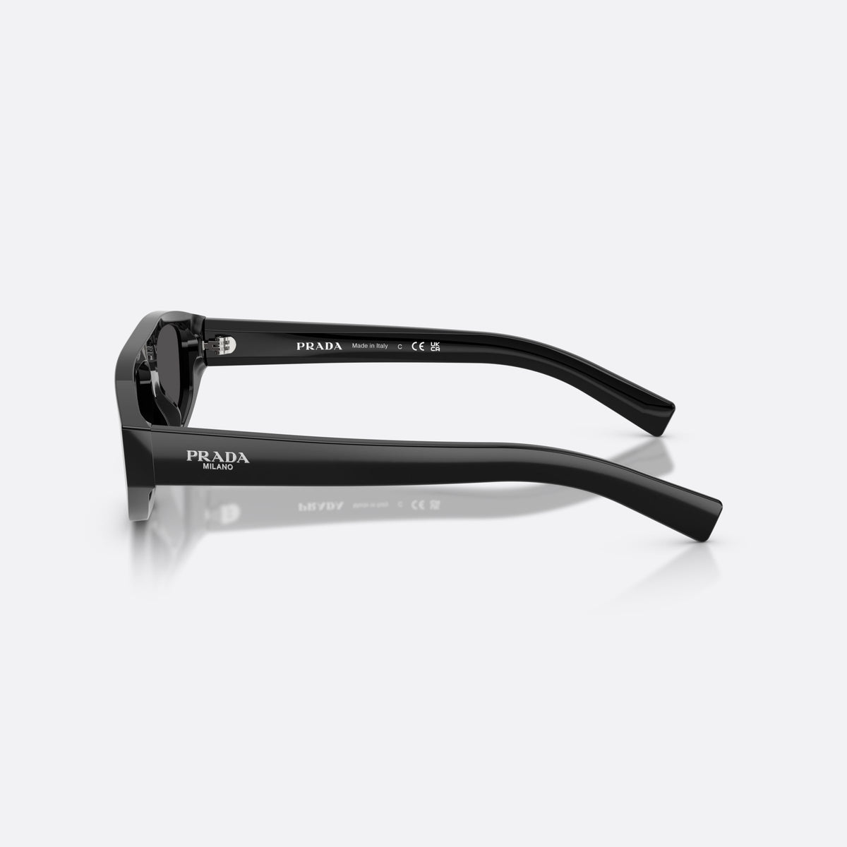 Prada PR C02S 16K08Z sunglasses, black irregular frame for men, plain integrated bridge, brand lettering on temples, side view