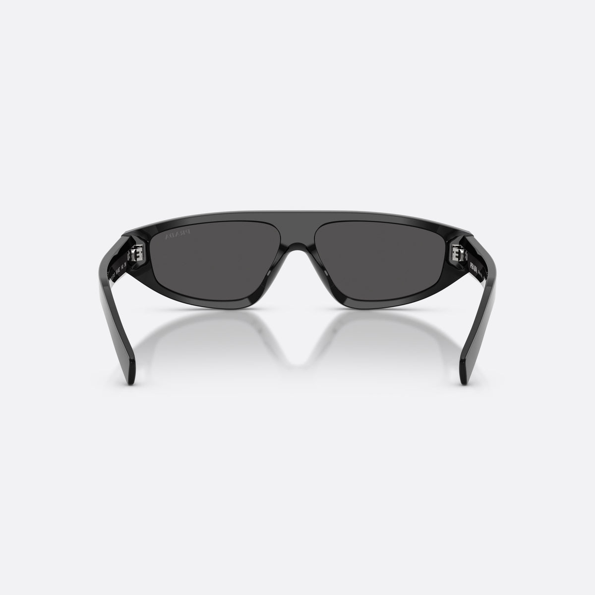 Prada PR C02S 16K08Z sunglasses, black irregular frame for men, plain integrated bridge, brand lettering on temples, back view