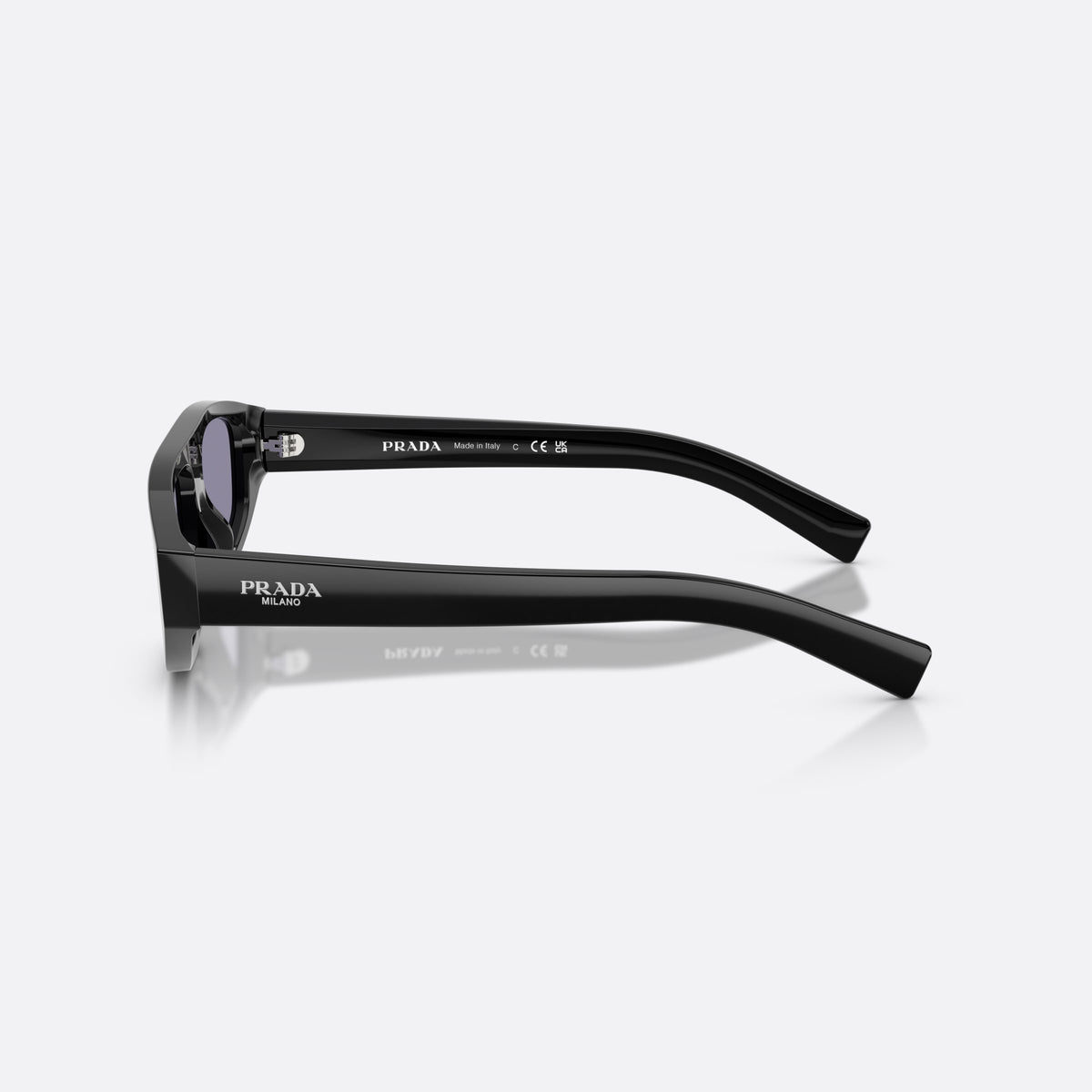 Prada PR C02S 16K50B sunglasses, black irregular frame for men, plain integrated bridge, brand lettering on temples, side view