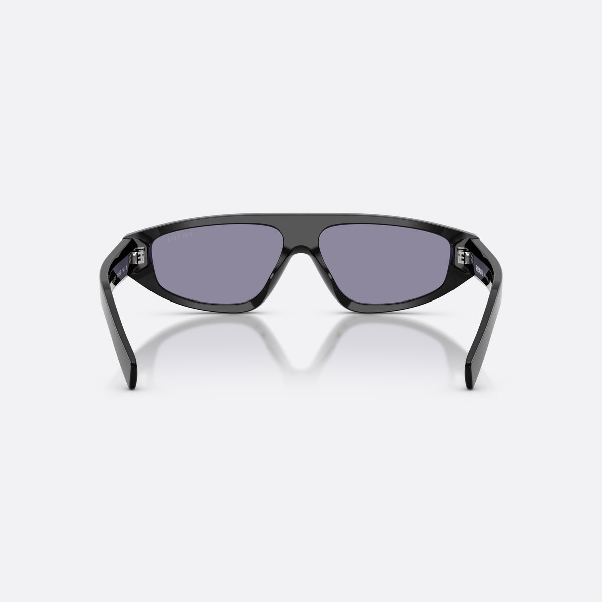 Prada PR C02S 16K50B sunglasses, black irregular frame for men, plain integrated bridge, brand lettering on temples, back view