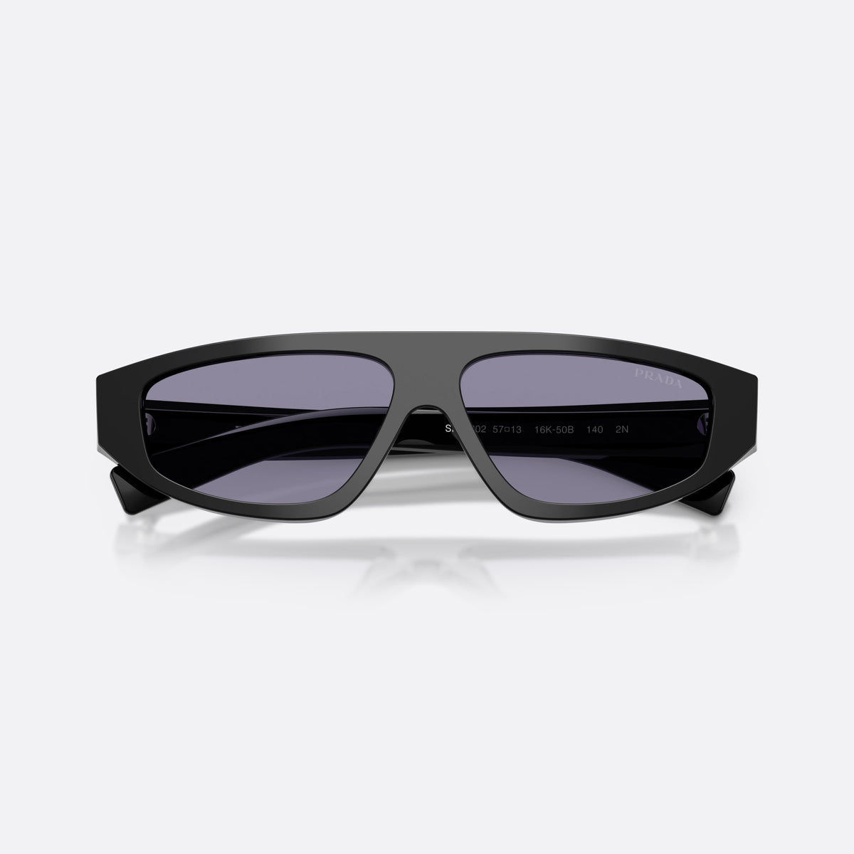 Prada PR C02S 16K50B sunglasses, black irregular frame for men, plain integrated bridge, brand lettering on temples, folded