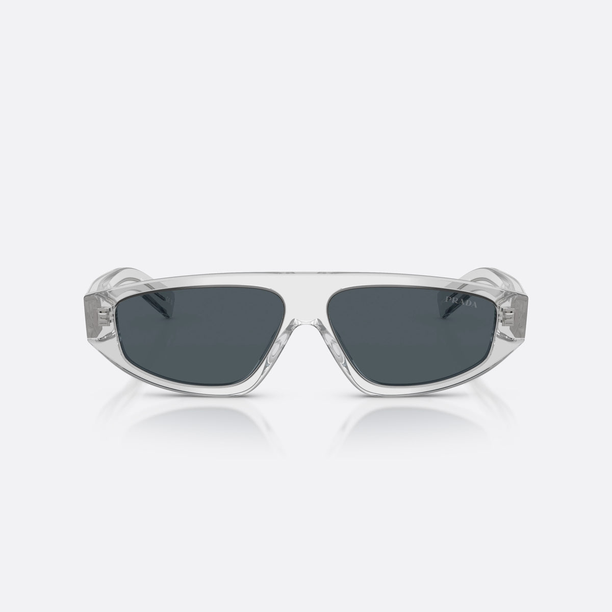 Prada PR C02S 17P70B sunglasses, grey irregular frame for men, plain integrated bridge, brand logo on lens, full rim frame, front view