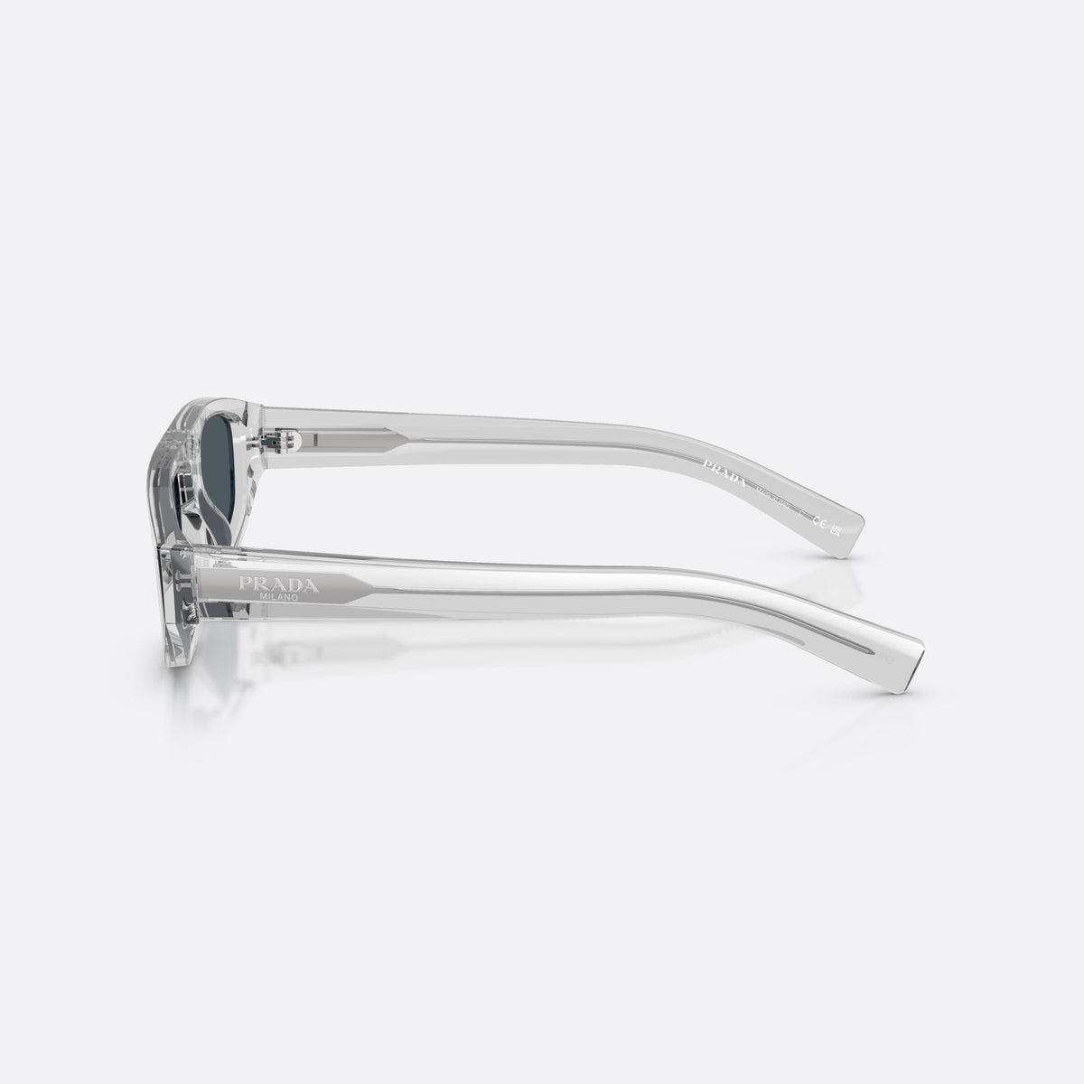Prada PR C02S 17P70B sunglasses, grey irregular frame for men, plain integrated bridge, brand logo on lens, full rim frame, side view