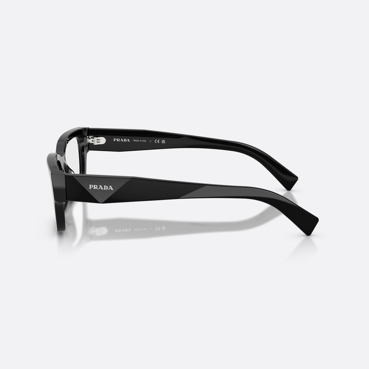 Prada PR C02V 16K1O1 eyeglasses, black pillow frame for men, plain double-arch bridge, brand lettering on temples, side view