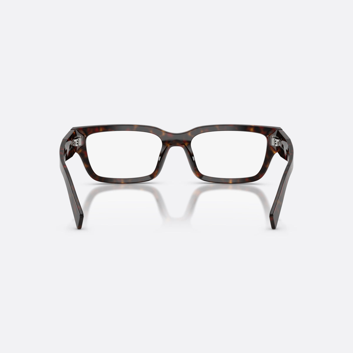 Prada PR C02V 17N1O1 eyeglasses, havana pillow frame for men, plain saddle bridge, brand logo plaque on temples, back view