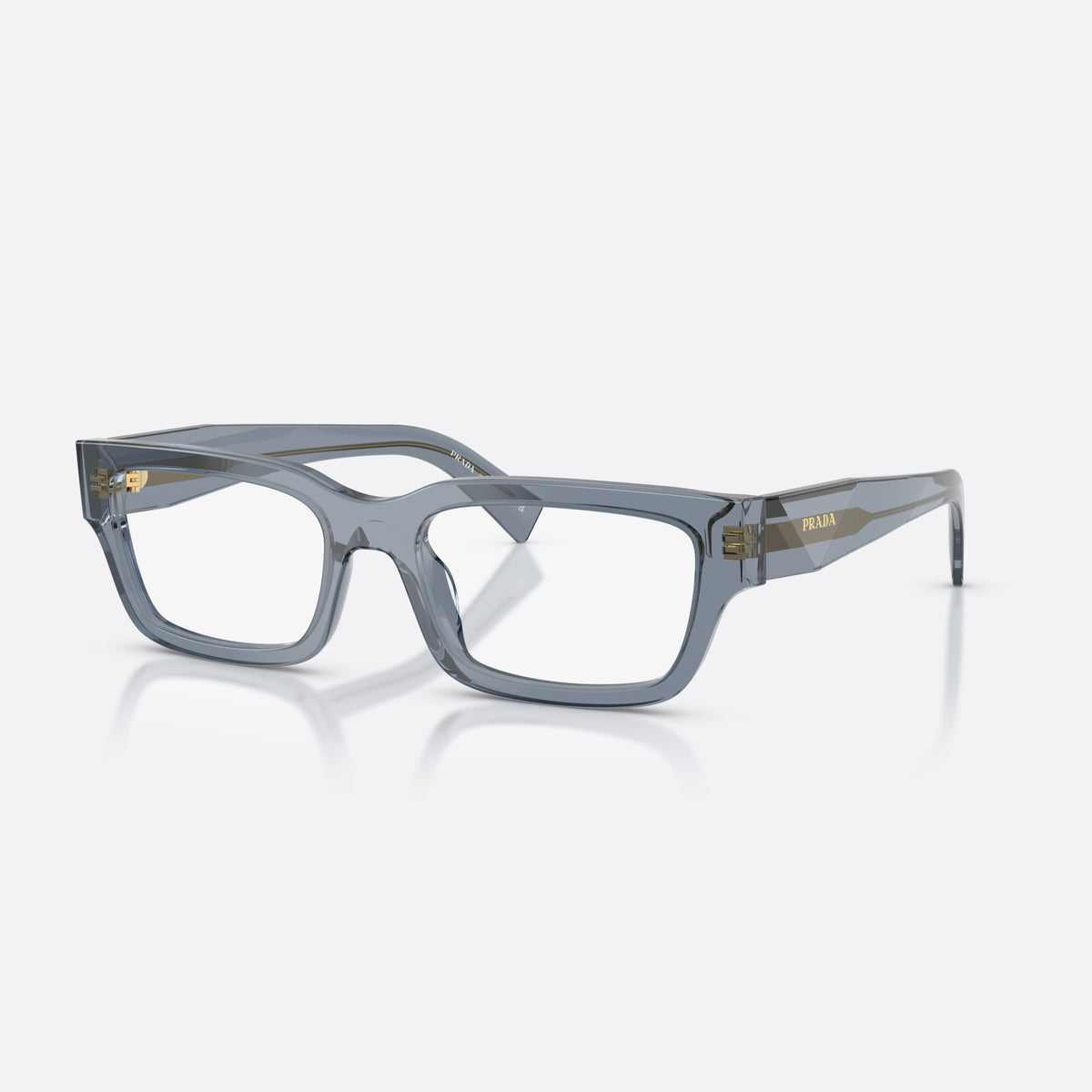 Prada PR C02V 17T1O1 eyeglasses, blue pillow frame for men, plain bridge, integrated into front, wide tapered temples