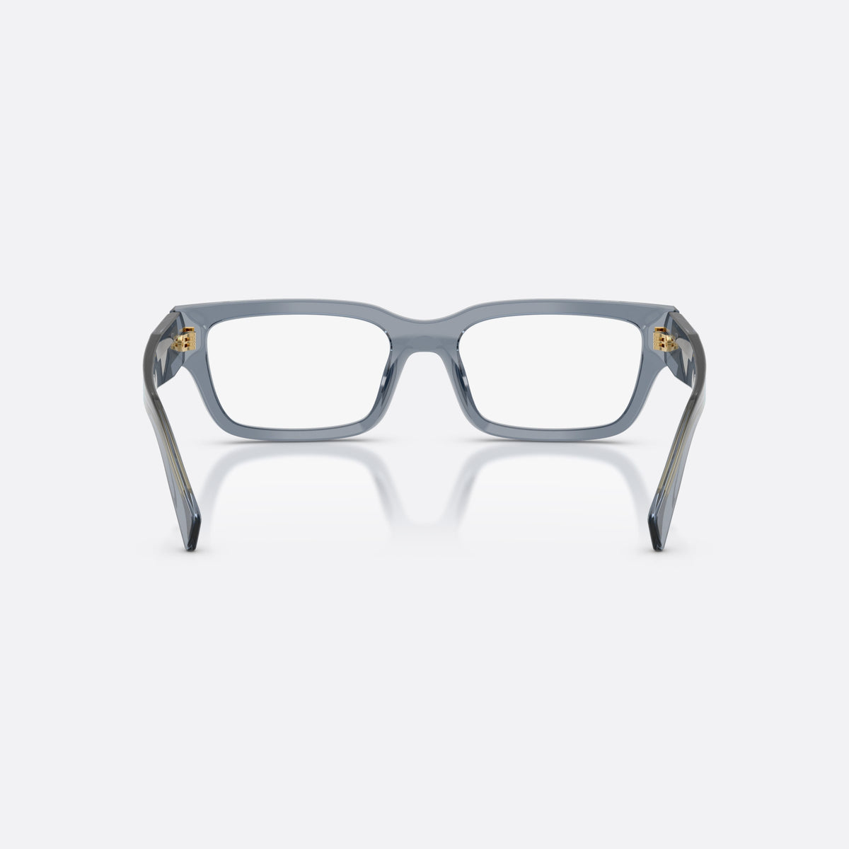 Prada PR C02V 17T1O1 eyeglasses, blue pillow frame for men, plain bridge, integrated into front, wide tapered temples, back view